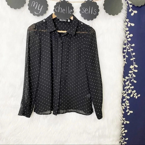 HALOGEN  Black Polka Dot Tuxedo Sheer Button Down - Picture 1 of 5
